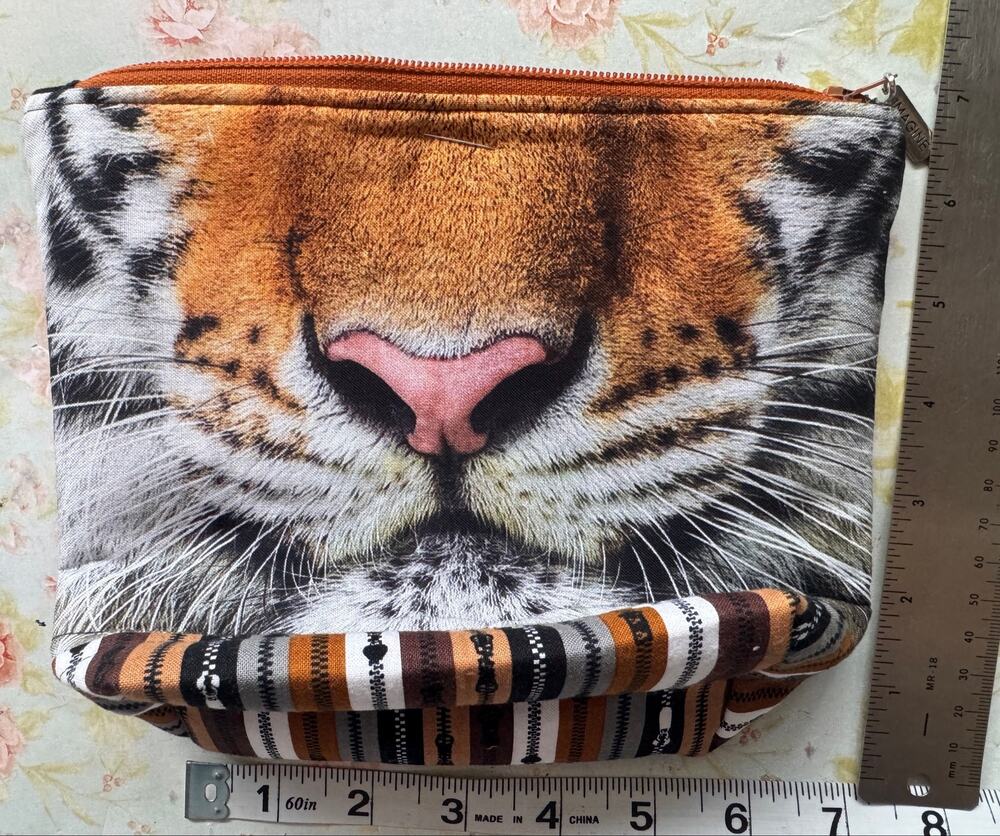 Handmade Tiger Face Zip Clutch Pouch Tiger Face Makeup Cosmetic Bag Orange Black